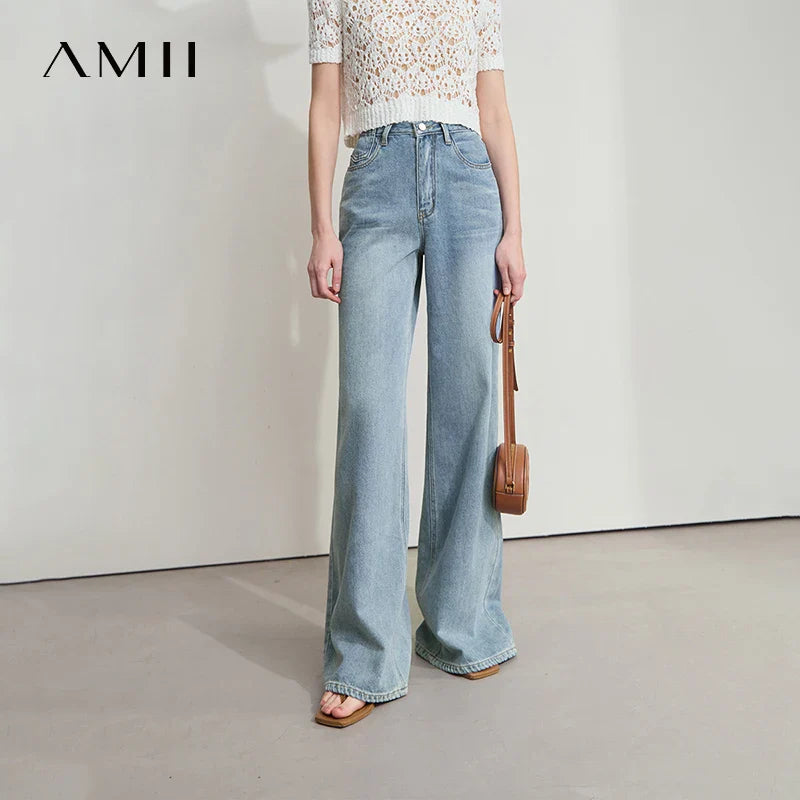 AMII Minimalist Blue Jeans Women 2025 Summer New Versatile Denim Wide Leg Pants Low Waist Thin Casual Loose Trousers  12542121