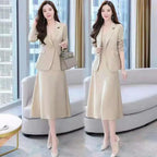 2Pcs/Set Summer Women Suit Dress Outfit  Solid Color Mid-length Lady Dress Sets Light Luxury Commute Sling Dress Coat Set