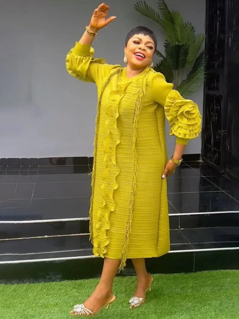 EGRM Miyake Pleated Dress Round Collar Full Sleeve Ruffles High Stretch Loose Dresses for Women 2025 New Autumn Clothing 2G3113