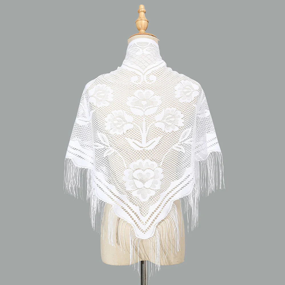 2024 White/Black Catholic Woman Spanish Style Lace Tassel Church Veil Head Covering Long Veil Floral Scarves Wedding Accessories