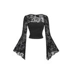 Design Sensation Lace Splicing Long Sleeve Mesh T-Shirt Sexy Elegant Style Full Sleeve Square Collar Polyester Fiber Top