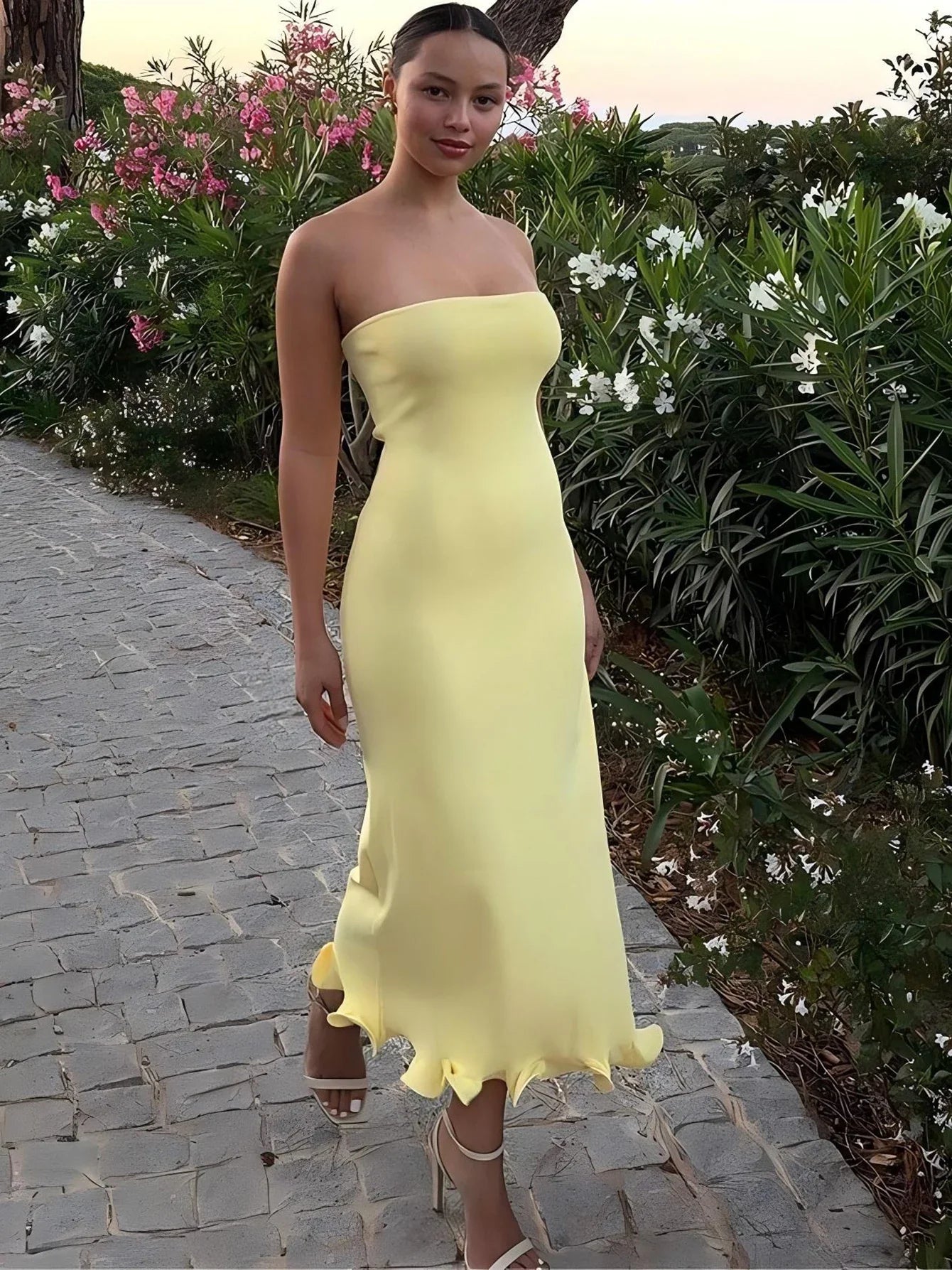 Dulzura Sleeveless Ruffles Patchwork Strapless Bodycon Midi Dress Women'S Solid Sexy Outfit Party Clubwear For Autumn Winter