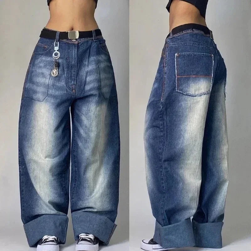 2000s Baggy Jeans Women New Harajuku Hip Hop Wing Print Oversized Jeans Gothic High Waist Wide Leg Pants Men Trousers Streetwear