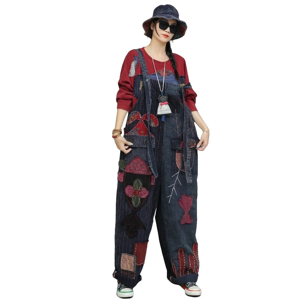 Hand Embroidery Old Cloth Patchwork Wide Leg Strap Long Pants Women Autumn Loose High Waist Jumpsuit LX4343