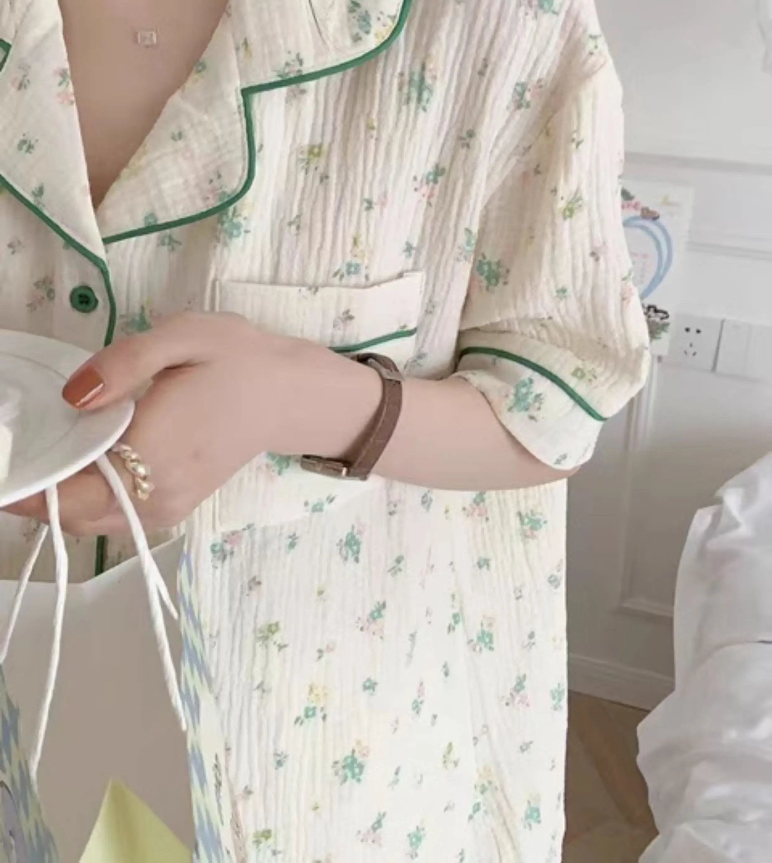 Cute Girl's Summer Cotton Linen ort Sve Nightgown Home Clothes Set Bear Print Gauze Spwear Simple Home Sle