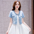 2023 Spring/Summer New Denim Jacket Women's Korean Casual Slim All-Match Short Crop Sleeve Short Sleeve Denim Button Up Top