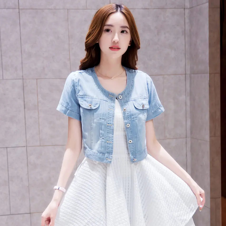 2023 Spring/Summer New Denim Jacket Women's Korean Casual Slim All-Match Short Crop Sleeve Short Sleeve Denim Button Up Top