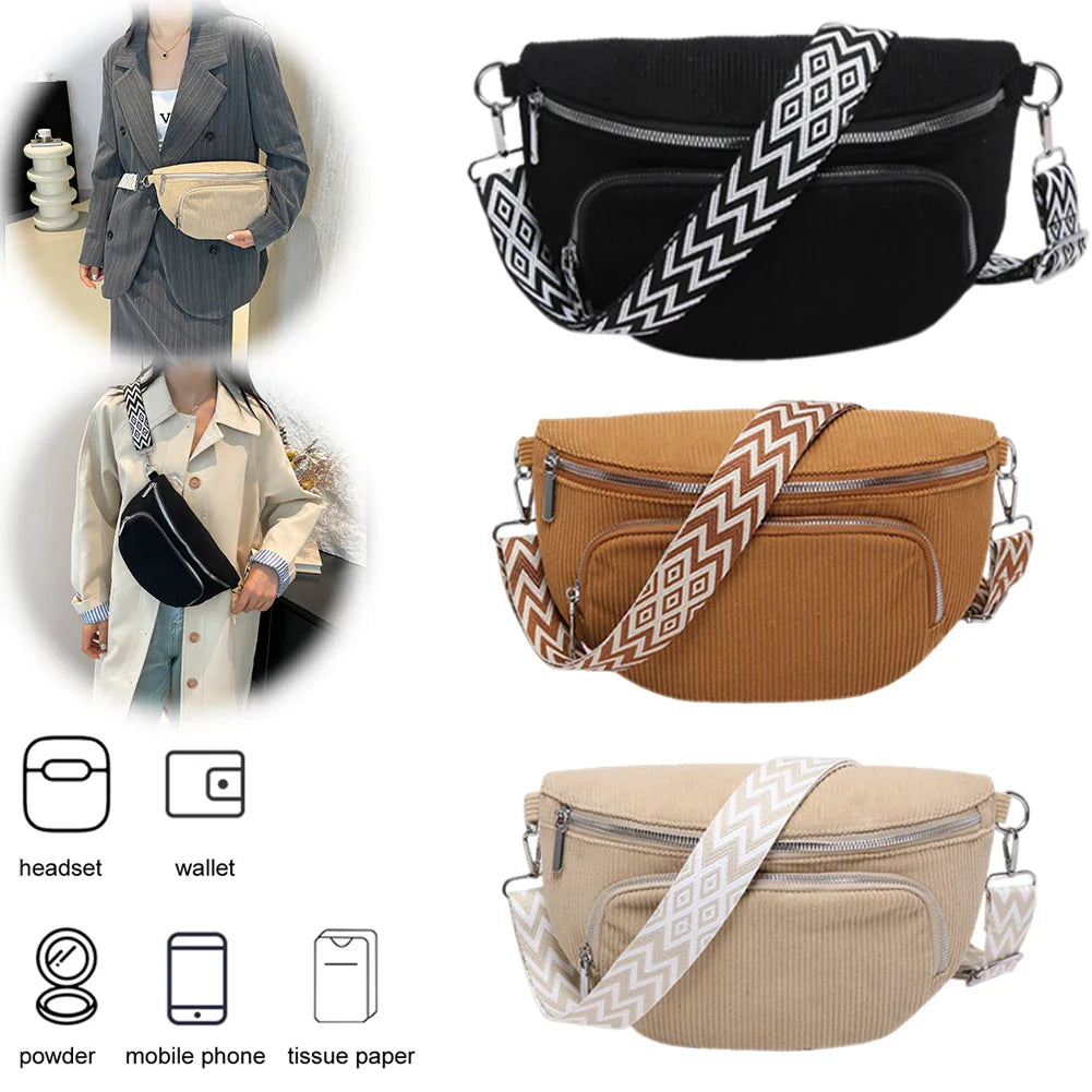 Corduroy Chest Bag Fashion Fanny Pack Wide Guitar Strap Casual Waist Bag Multi-pockets Hobo Sling Bag Outdoor Travel Bag