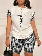 Digital Print round Neck Short Sleeve Women's Suit Summer New Style Elegance Quality Polyester Fiber Skirt Set from Mainland Chi