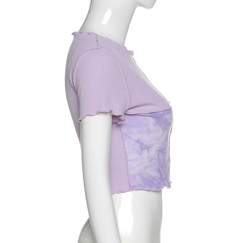 Chic Crop Tops Tees Tie Dye With Sequin Patchwork Women Summer T-shirts Ruffles Hem Purple Or Bule Clothes