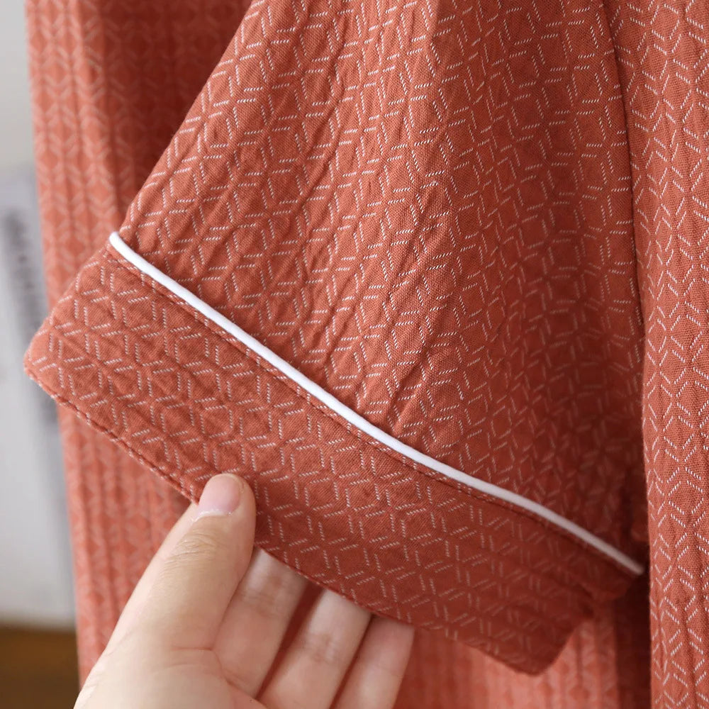 2025 New Japanese Spring/Summer Couple Pajama Set 100% Cotton Crepe Short Sleeve and Long Pants Two Piece Home Suit Thin Style