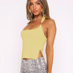 Dulzura Sleeveless Halter Side Slit Top With Button Sexy Casual Tank Party Club Streetwear Women'S Autumn Winter Clothes
