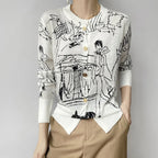 Graffiti Digital Jacquard Fine Imitation Fashion Wool Knitted Cardigan Women's 22 Spring Autumn Thin Loose Jacket Trendy Sweater