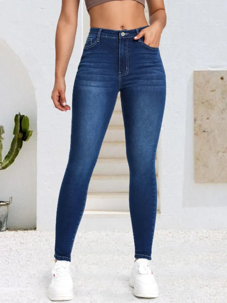 Blue fashionable cat whisker elastic tight fitting small leg jeans