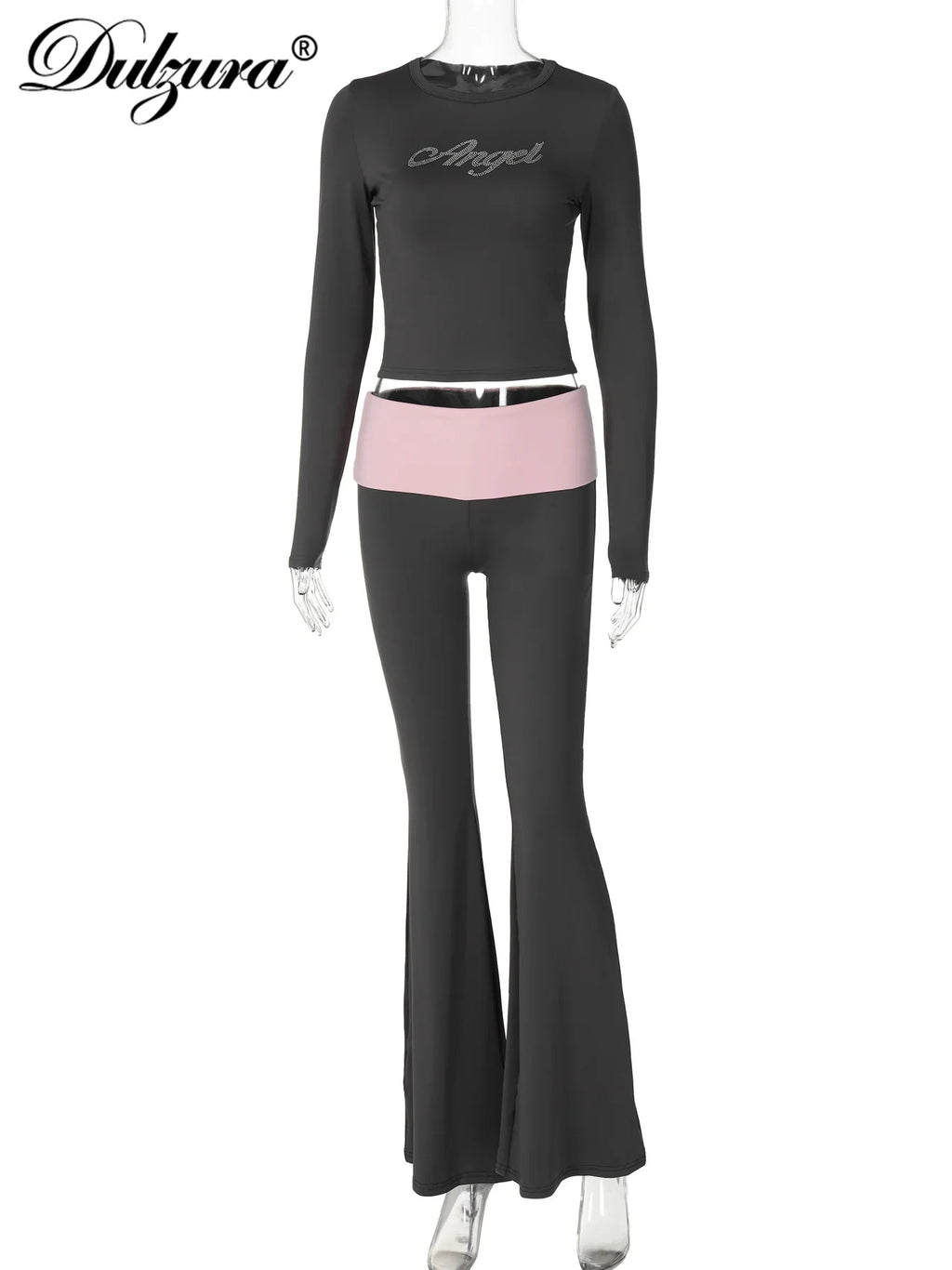 Dulzura Women'S Sexy Casual 2 Piece Pants Set Long Sleeve Letter Print Bodycon Crop Top And Flare Pants Matching Set Streetwear