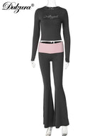 Dulzura Women'S Sexy Casual 2 Piece Pants Set Long Sleeve Letter Print Bodycon Crop Top And Flare Pants Matching Set Streetwear