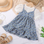 Bear Leader Girls Floral Dresses 2023 Summer New Children's Rustic French Chiffon Floral Fake Two Pieces Halter Dress