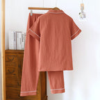 2025 New Japanese Spring/Summer Couple Pajama Set 100% Cotton Crepe Short Sleeve and Long Pants Two Piece Home Suit Thin Style