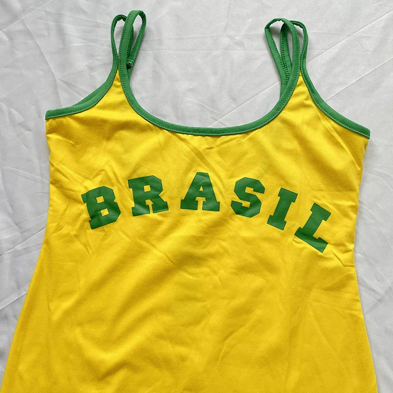 2024 Suspender Dress Women Beach Casual Short Dress Yellow Brasil Printed Long T Shirt Loose U Neck Sexy Summer Sling Mini Robe