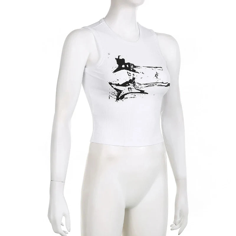 Guitar Print Sleeveless Tank Top Y2K Casual Ribbed Women Grunge Crop Top Harajuku Fashion Vest Tee 90s Street Outfits