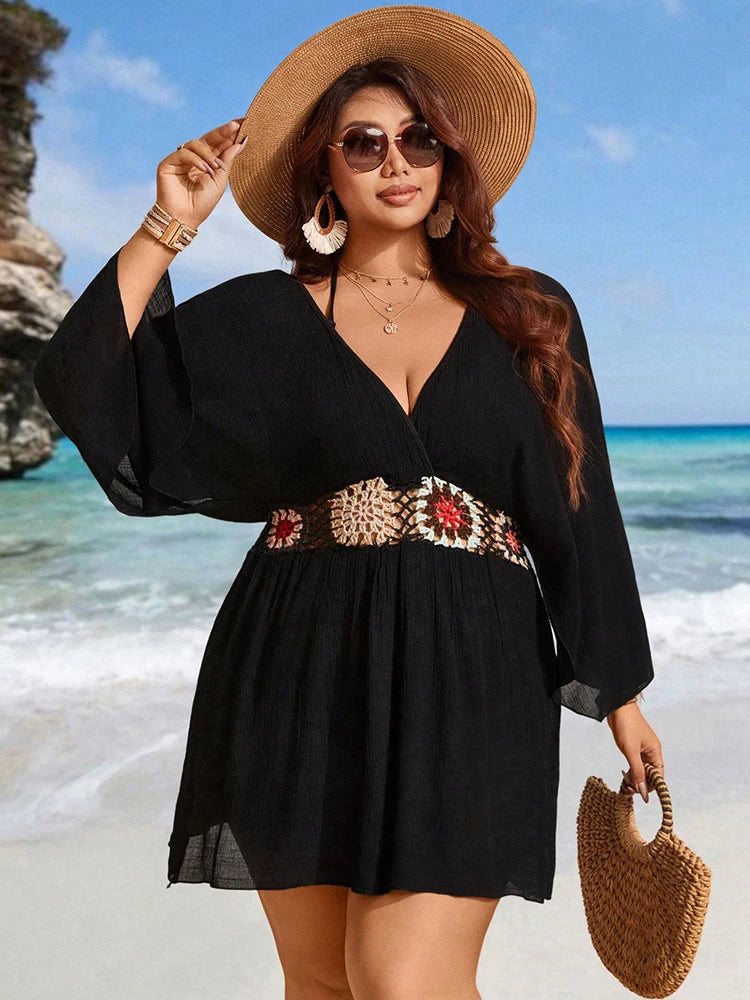 Bohemian Wind Plus Size Crochet Black CoverUp Mini Dress Sexy Hollow Tunic Beach Dress Bathing Suit Beachwear Cover Up Beachwear