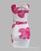 2 Piece Set Women's Floral Print Split Strapless Sleeveless Top & Mini Shorts Pants Set Summer Sexy