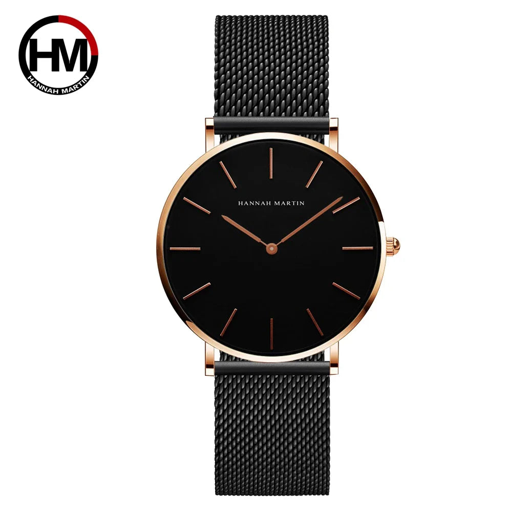 HANNAH MARTIN Brand Classic Women Quartz Watch 36mm Rose Gold Stainless Steel Mesh Strap Japanese Movement Girl Gift Wrist Watch