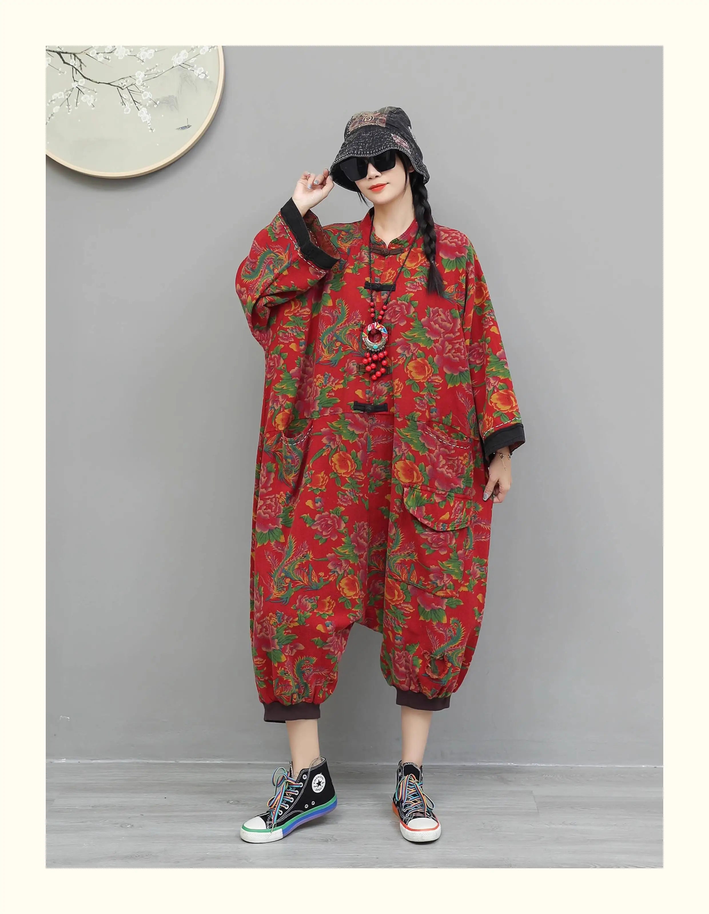 Artistic Large Floral Cotton Linen Chinese Style Button Embroidery Loose Casual Jumpsuit Women LX4344