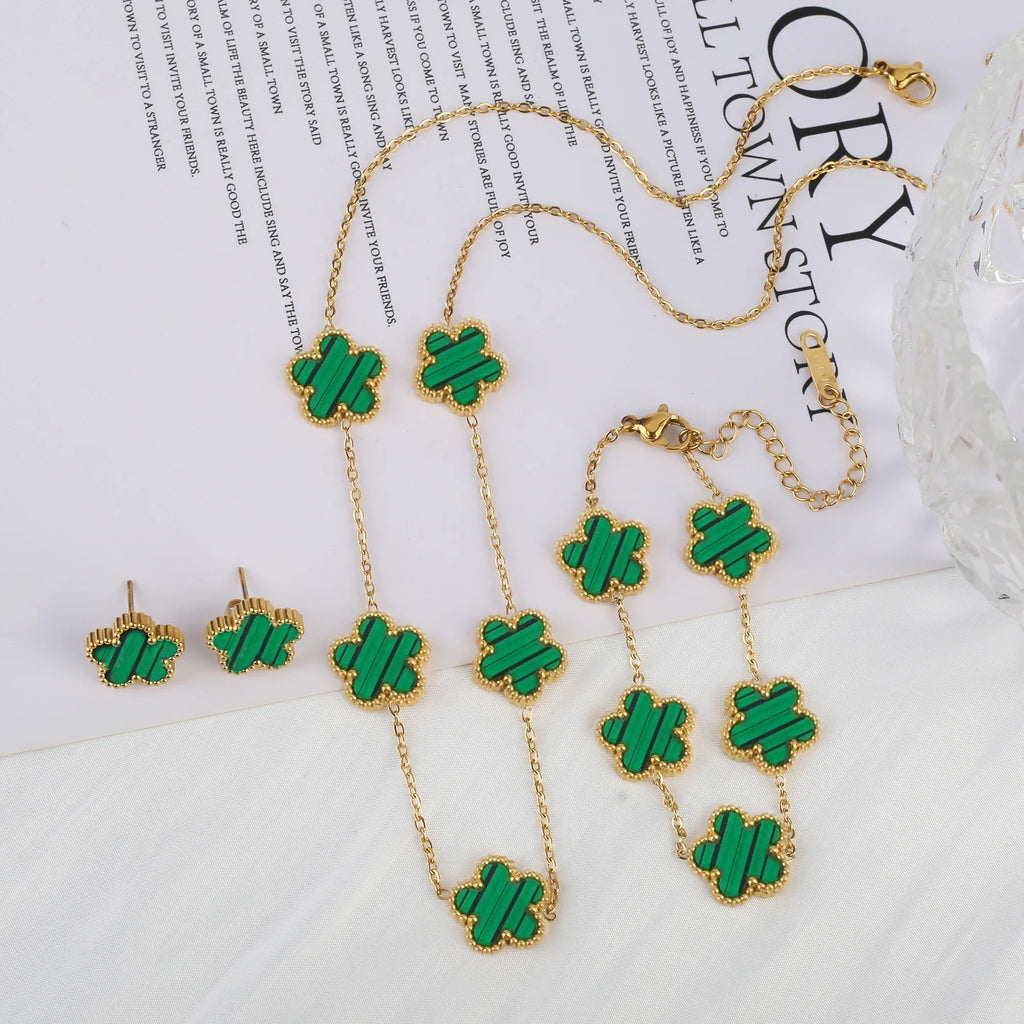 3Pcs Stainless Steel Hot Selling Gold Plated Clover Necklace Earrings Bracelet Jewelry Set Five Leaf Flower Jewelry For Women