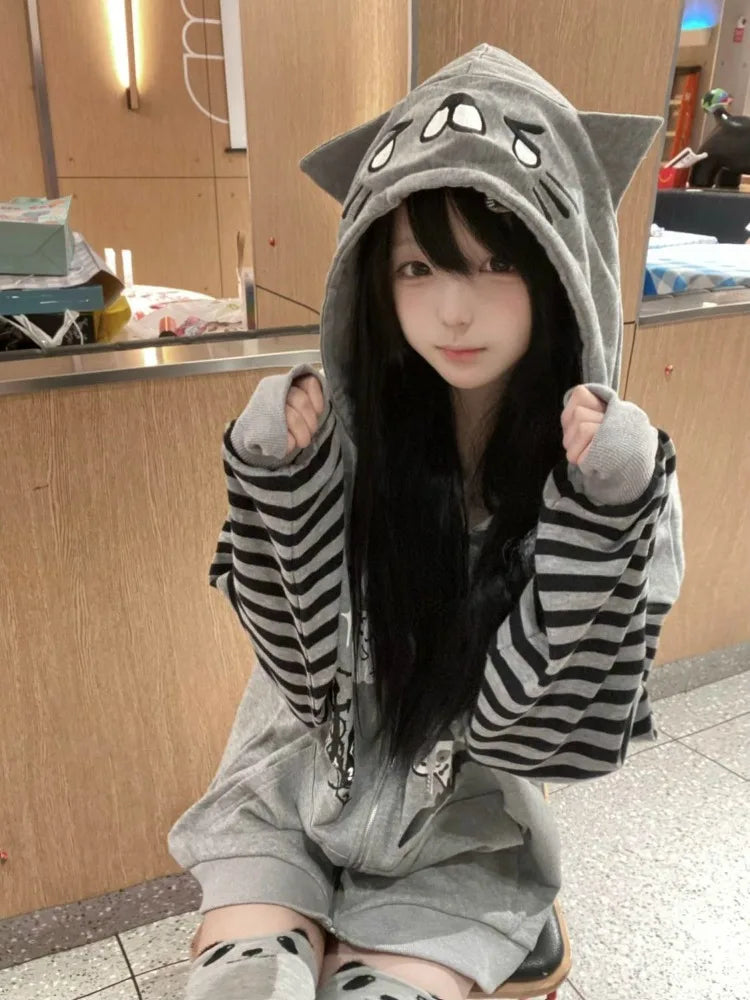 Cat Ear Hooded Sweatshirts Jackets Women Clothing Y2k Tops Patchwork Striped Anime Hoodie Ropa Mujer Casual Fashion Hoodies Coat