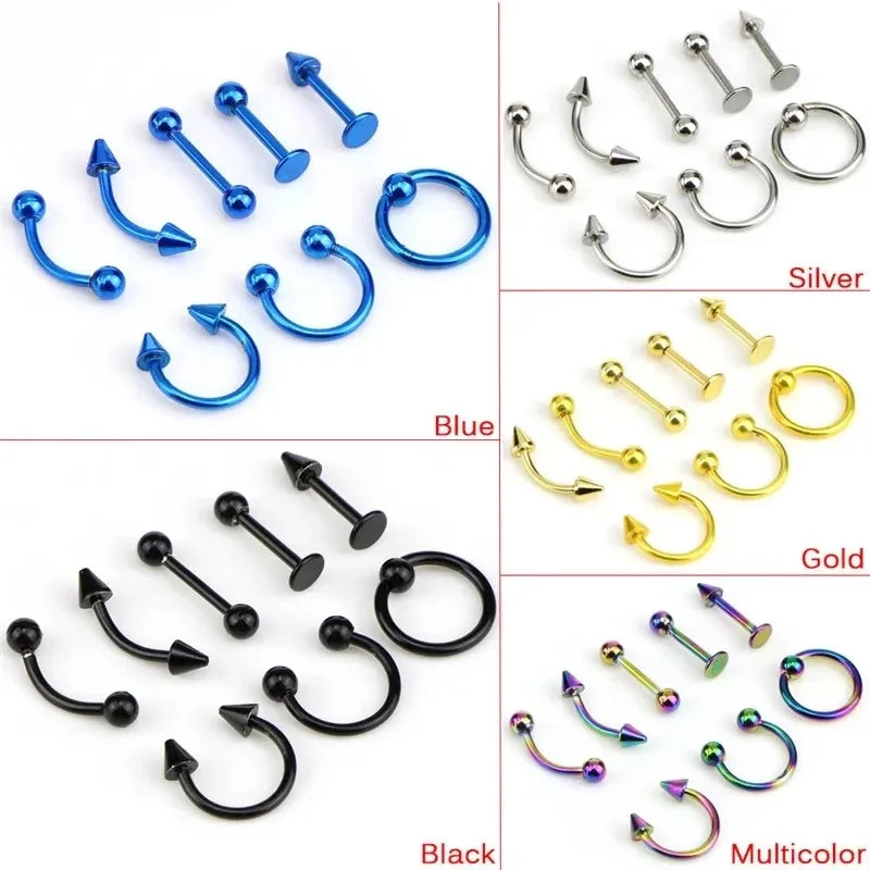 8Pcs Stainless Steel Eyebrow Rings, Lip Ring Nose Hoop Tongue Ring Septum Nose Piercing Jewelry Cartilage Tragus Earrings