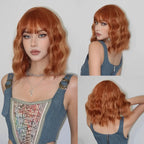 Allbell Magique Short Wavy Wig Bob Curly Wig With Bangs Dirty Orange Lolita Wigs Natural Synthetic Wig For Woman Heat Resistant