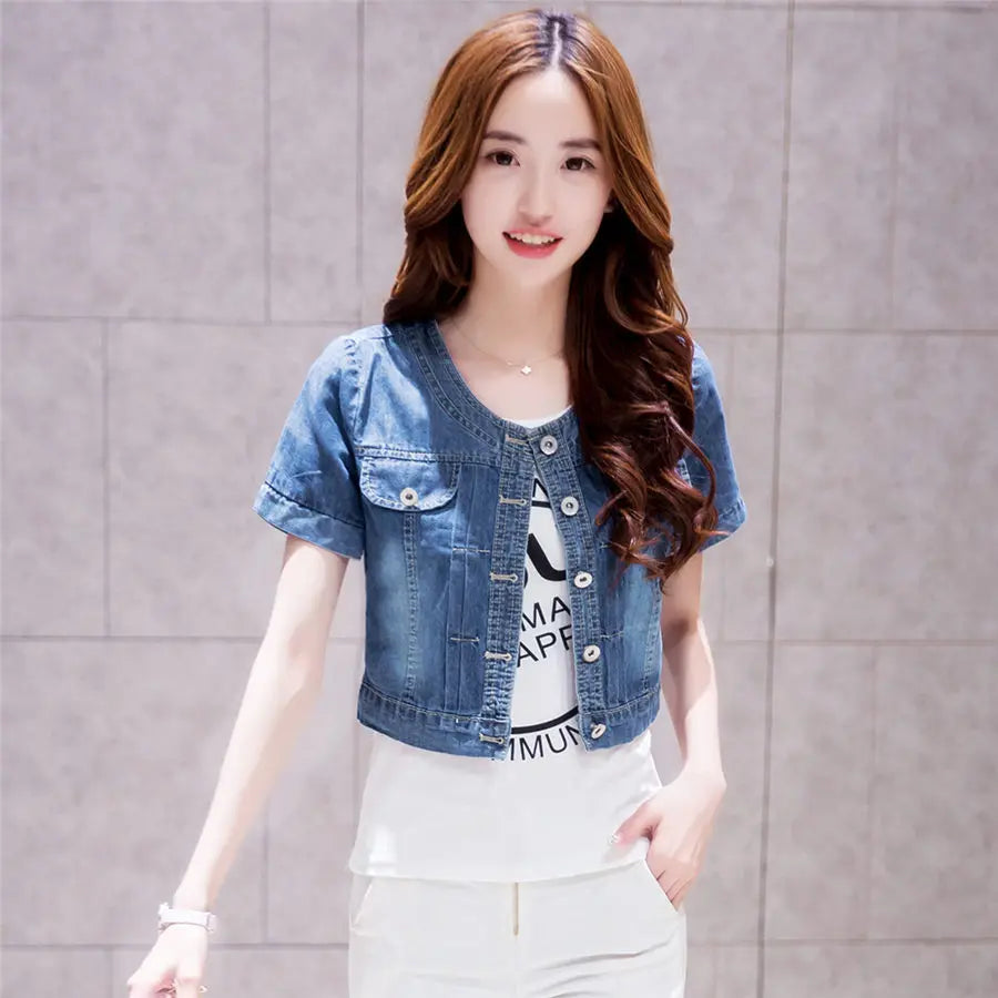 2023 Spring/Summer New Denim Jacket Women's Korean Casual Slim All-Match Short Crop Sleeve Short Sleeve Denim Button Up Top