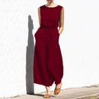 Elegant Solid Cotton Linen Women Jumpsuit Fashion Button O Neck Sleeveless Pocket Jumpsuits Ladies Elastic Waist Office Clothing