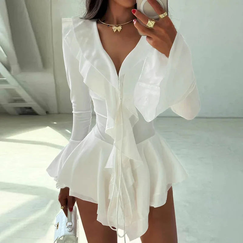 2025 New Autumn Irregular Hem Dress Women Y2K Flare Sleeve V-Neck Bandage Stretch Elegant Birthday Party Chic Hipster Bodycon