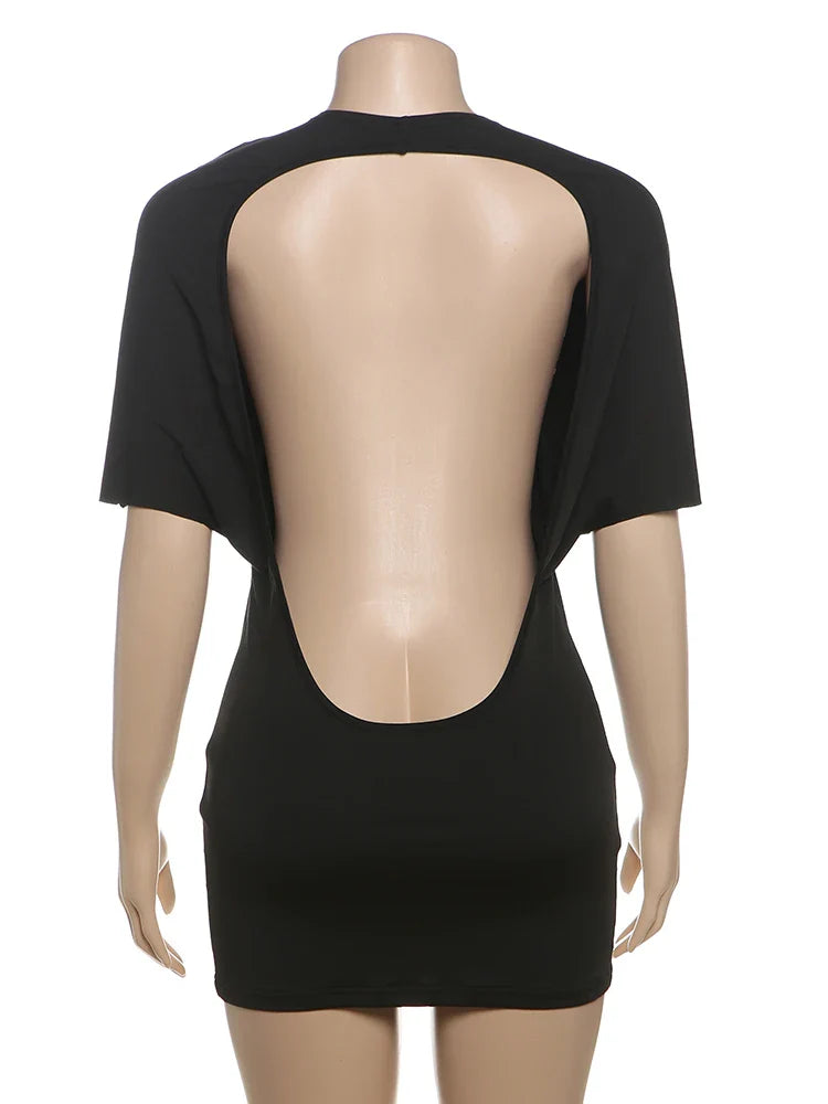 Cutenew Solid Backless Women Mini Dress Trend Summer Sexy Chic Half Sleeve Crew Neck Body-shaping Frock Mujer Simple Party Wear