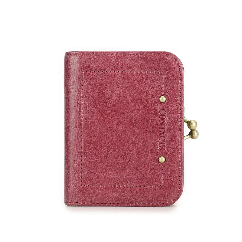CONTACT'S Genuine Leather Short Wallets for Women Kiss Lock Classic Wallet Metal Frame Coin Purses Card Holder Money Clip Bags