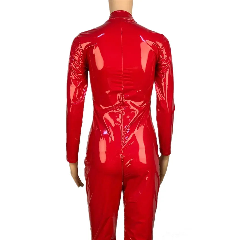2025 Halloween Women's Wet Look Shiny PU Faux Leather Jumpsuit Suit Long Sleeve Zipper Open Crotch Latex Bodysuit Clubwear