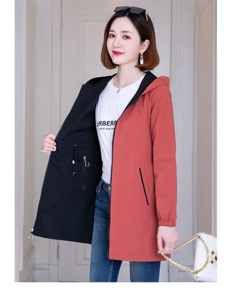 Double-Sided Trench Coat Women 2023New Fashion Spring Autumn Clothes Hooded Mid-Length Windbreakers Female Outerwear Casual Tops