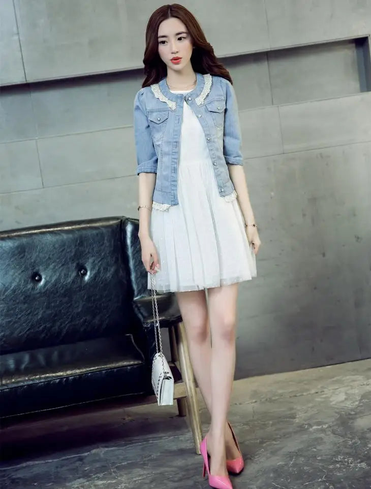 2023 Spring/Summer New Denim Jacket Women's Korean Casual Slim All-Match Short Crop Sleeve Short Sleeve Denim Button Up Top