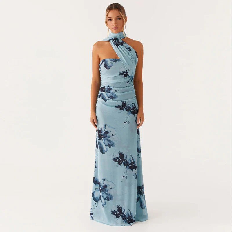 Elegant Floral Print Maxi Dress Backless Sleeveless Long Robes High Waist Slimming Dresses 2025 New Lady Vacation Beach Clothing