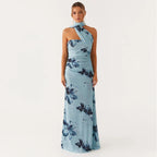 Elegant Floral Print Maxi Dress Backless Sleeveless Long Robes High Waist Slimming Dresses 2025 New Lady Vacation Beach Clothing