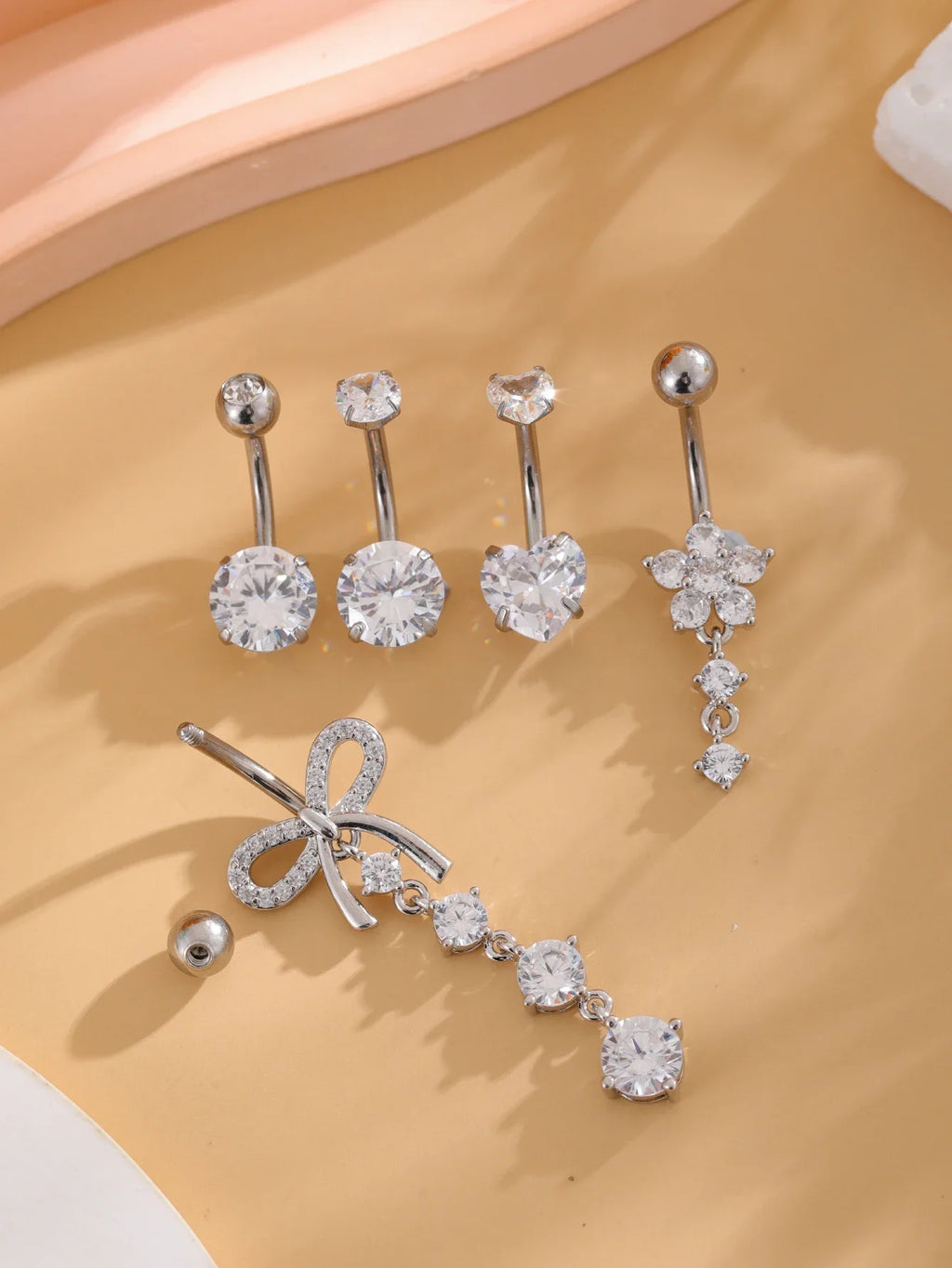 14G Gold Color Series Butterfly Dangled Belly Piercing Sets 5PCS/Lot Heart Flower Curved Navel Navel Ring Belly Button Rings