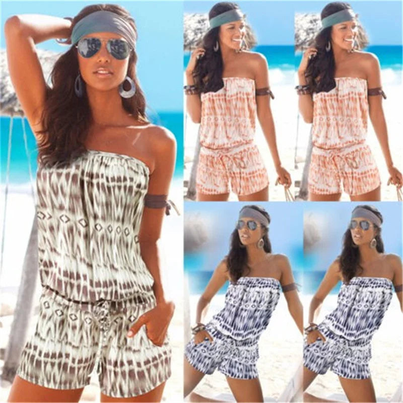 2024 new spring and summer fashion strapless one-shoulder one-piece casual printed drawstring one-piece pants