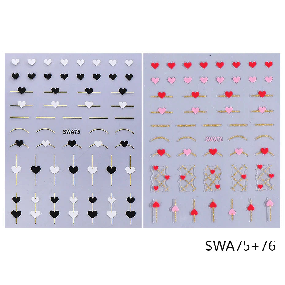 2pcs Black White Red Love Heart Nail Stickers Metallic Golden French Line 3D Adhesive Slider DIY Valentine Design Manicure Decor