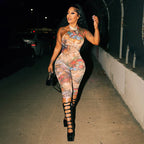CUTENOVA Women'S Full-Body Printed Hanging Neck Big Backless Skinny Five-Point Jumpsuit Sexy Fashion Street Trend Jumpsuit