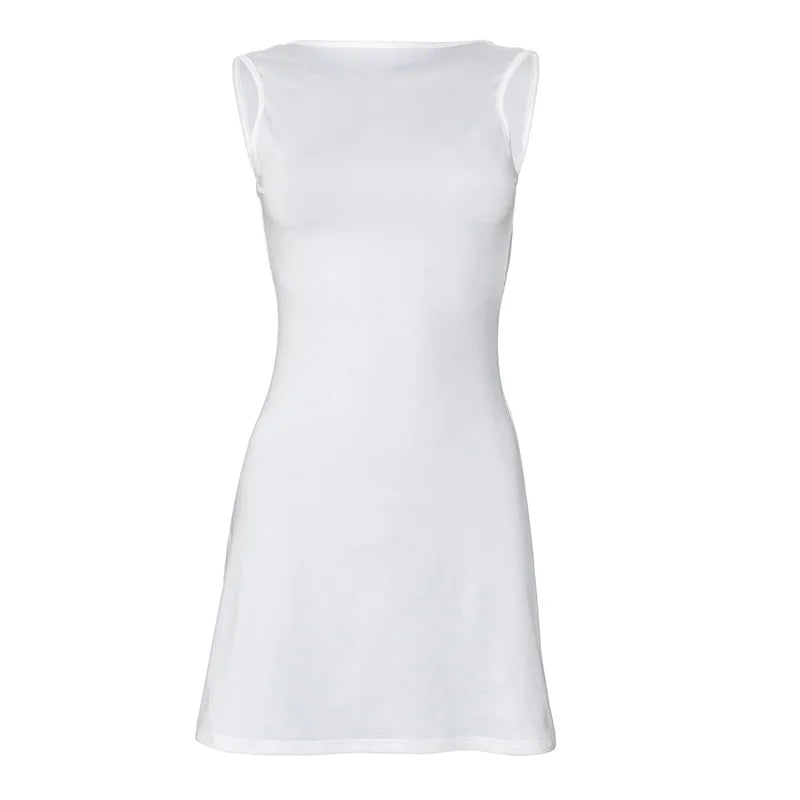 Elegant Sleeveless Backless Slim Fit Mini Dress Women Chic Round Collar A-line Short Dress 2025 Ruffle Edge Casual Dresses