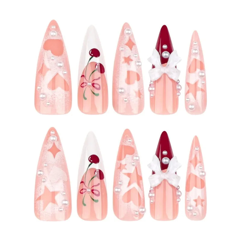 24Pc Long Stiletto Press on Nails Cherry Pink French False Nails with 3D Bow Pearls Design Detachable Acrylic Fake Nail Art Tips