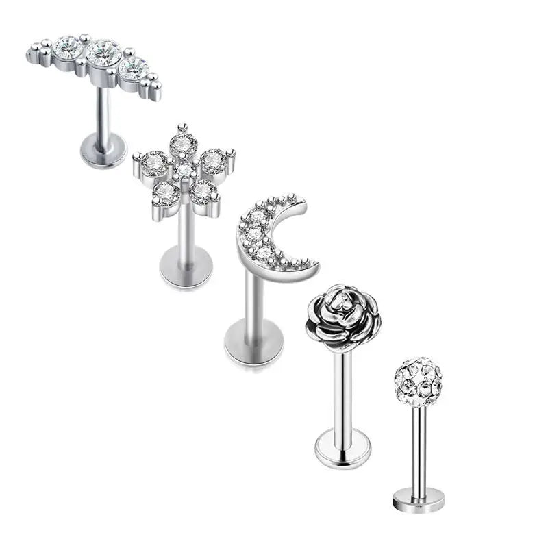 5PCS Flower Tragus Piercing Set Flat Back Cz Cartilage Stud Earring Helix Jewelry Conch Rook Stud Lot Labret Lip Piercing Bulk