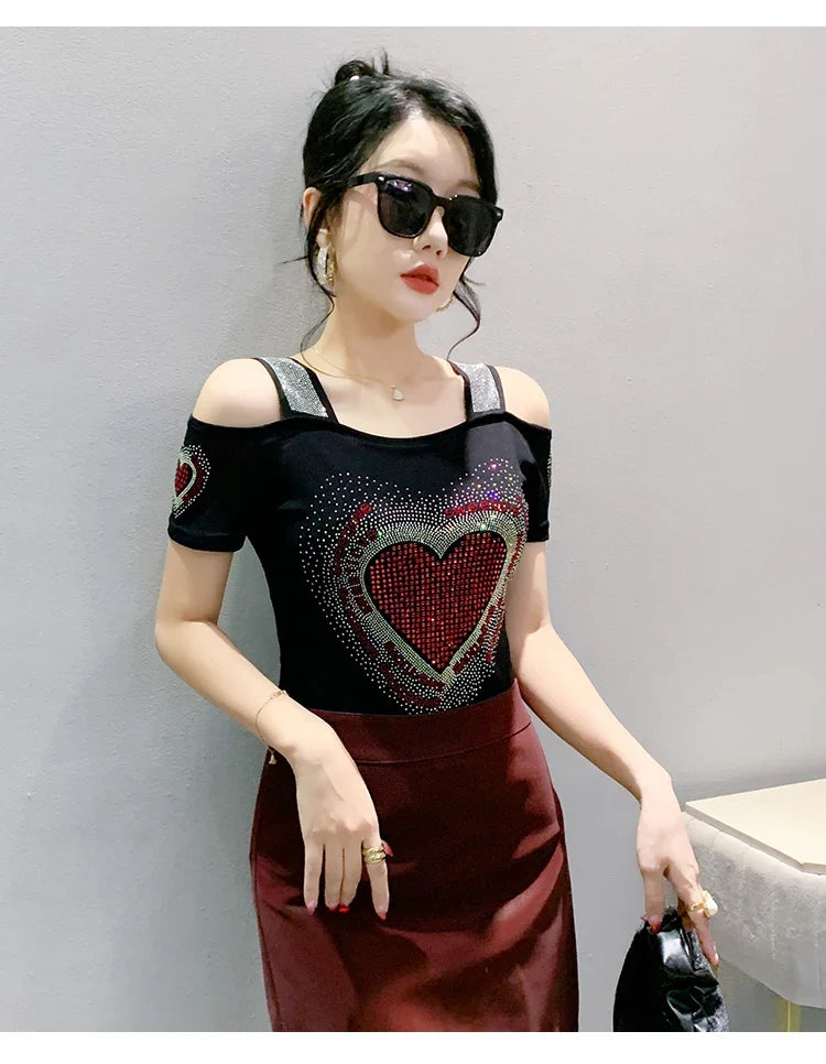 Aoxison Summer Short Sleeved Women's T-Shirt Elegant Slim Shiny Love Heart Diamonds Mesh Tops Chic Girl Sexy Off Shoulder Tees